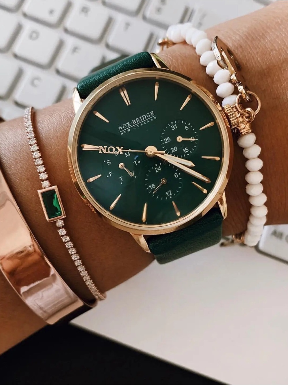 Nox Bridge Vega Viridi  watch with Green Leather Strap and Gold Case